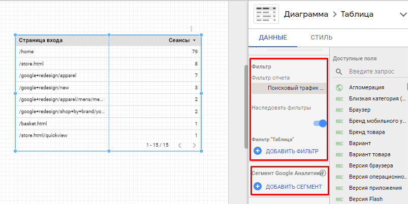 Вкладка данные для Таблицы