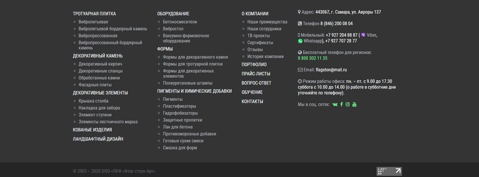 Способы обратной связи в подвале на примере 63plitka.ru